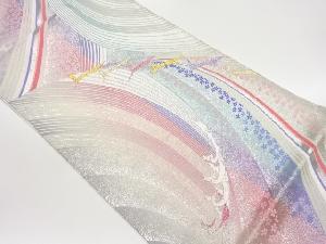 曲線に鳥・小花模様織出し袋帯